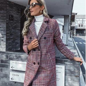 Houndstooth Print Double Breasted Lapel Collar Overcoat